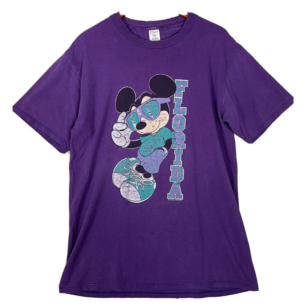 Vintage 80s Mickey Mouse Florida Purple Shirt L Thrashed Distressed Sherry Tag